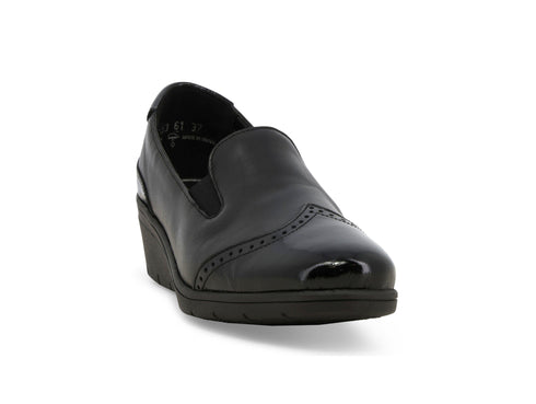 Melluso Black Leather Comfort Loafer with Wedge and Brogue Details